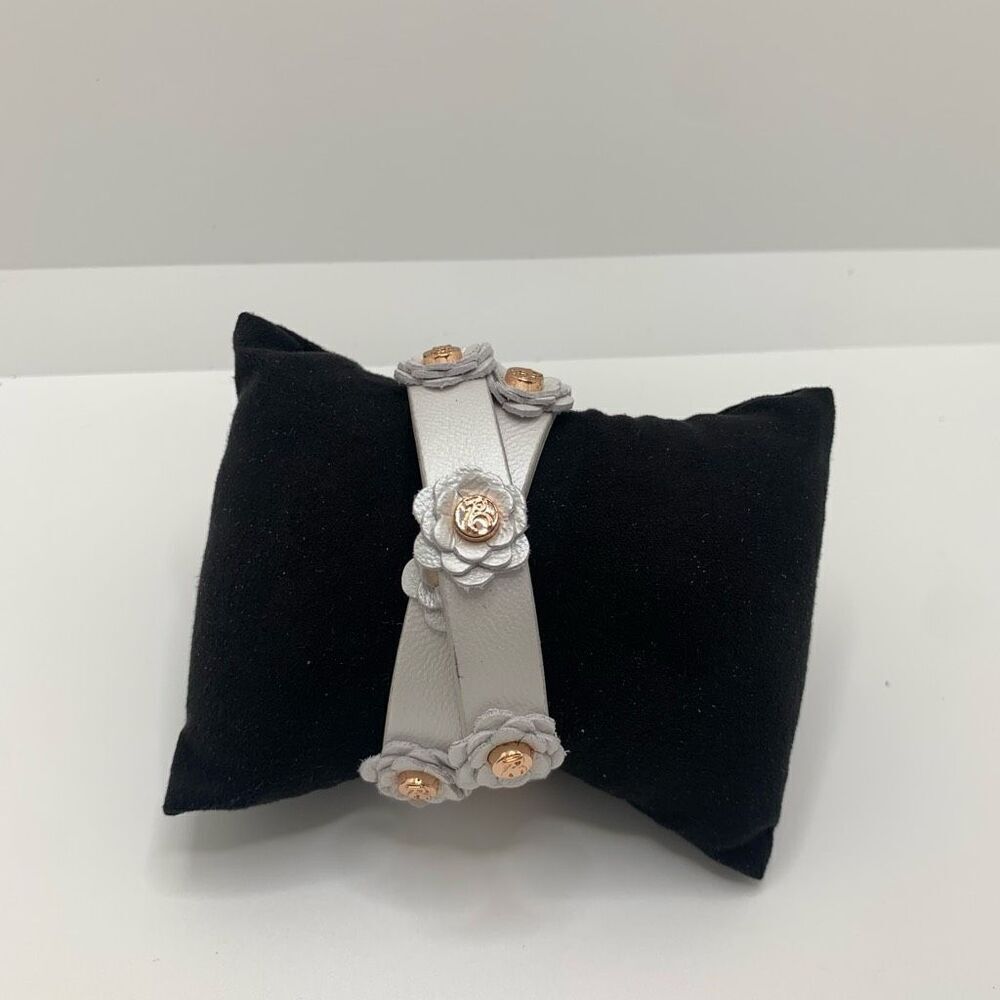 Rustic Cuff Pearl White Leather Megan Double Wrap With Logo Flowers